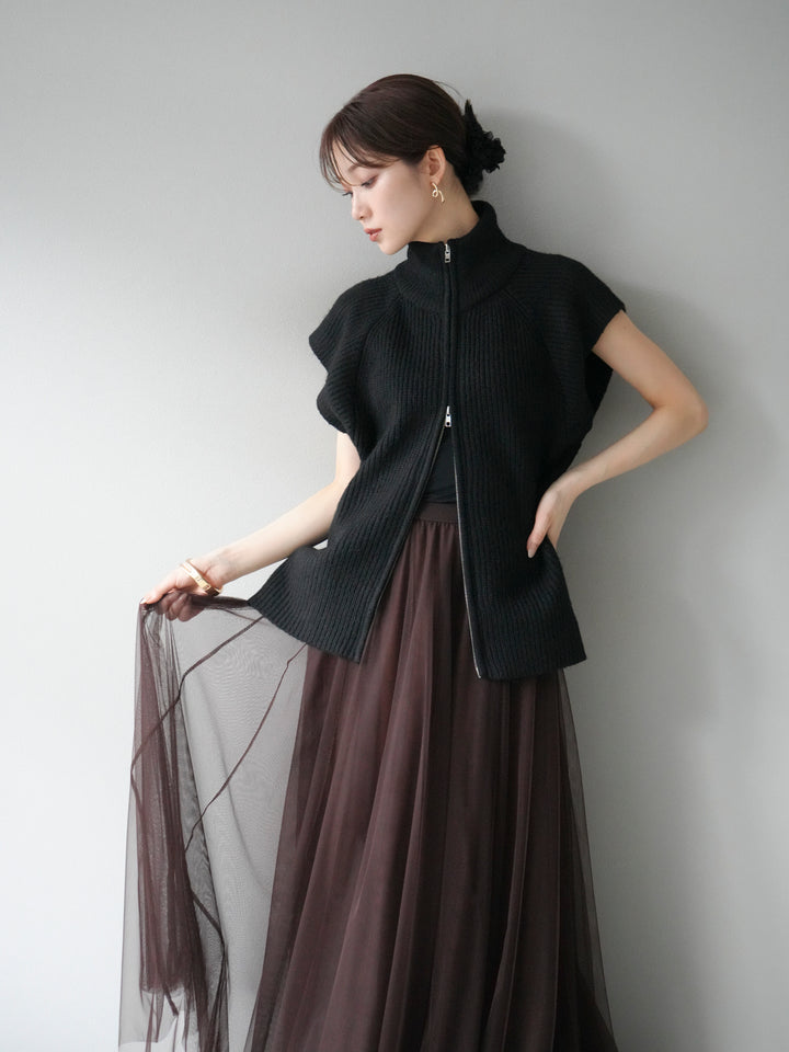 [予約]ダブルZIPハイネック畦編みニットベスト/ブラック