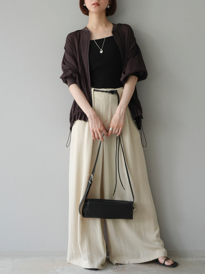 【預購】繩紋設計腰帶亞麻觸感寬褲/米色