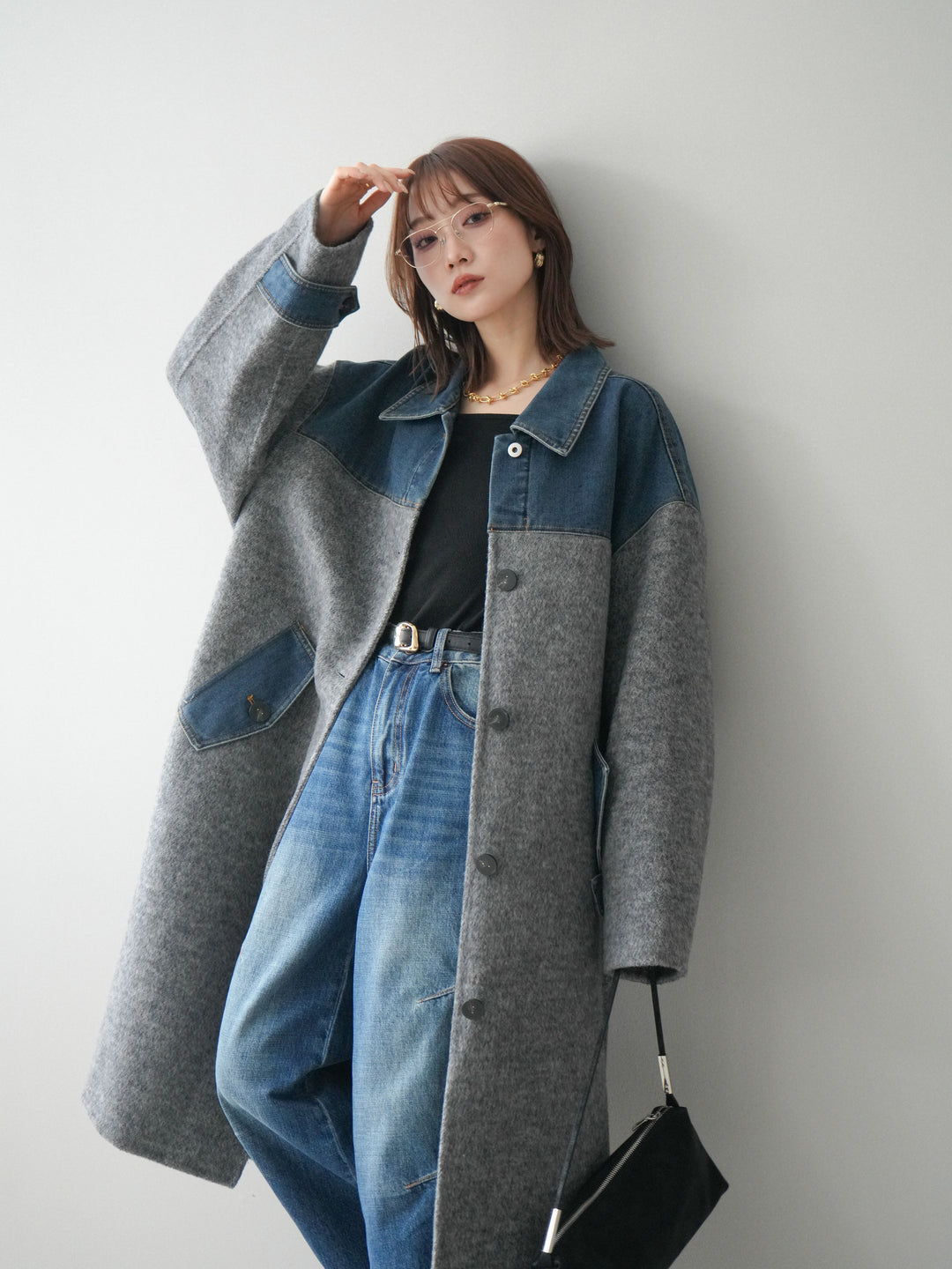 [SET]デニム切替シャギーステンカラーコート+選べるアクセセット(2set)