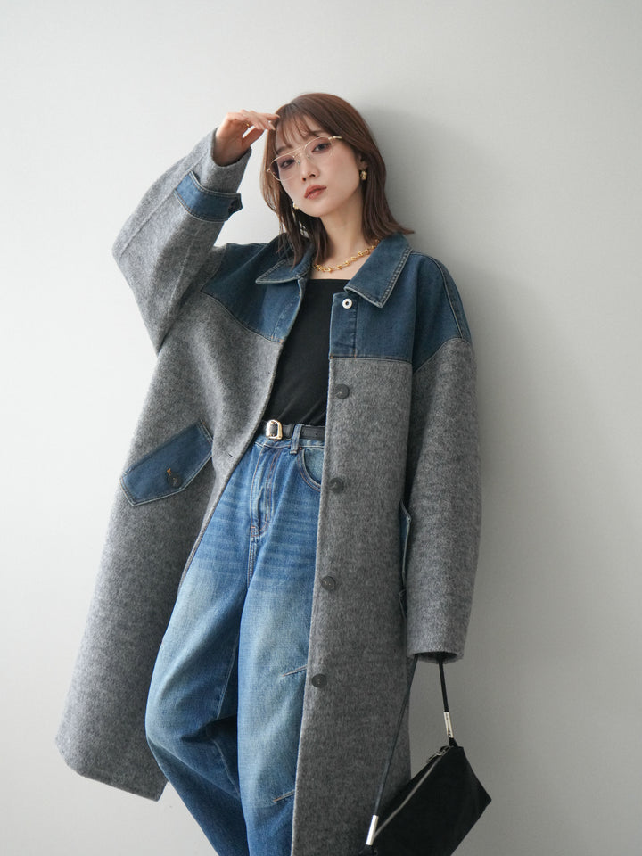 [SET]デニム切替シャギーステンカラーコート+選べるアクセセット(2set)