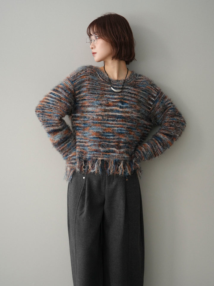 [予約]裾フリンジミックスヤーンシャギープルオーバー/blue