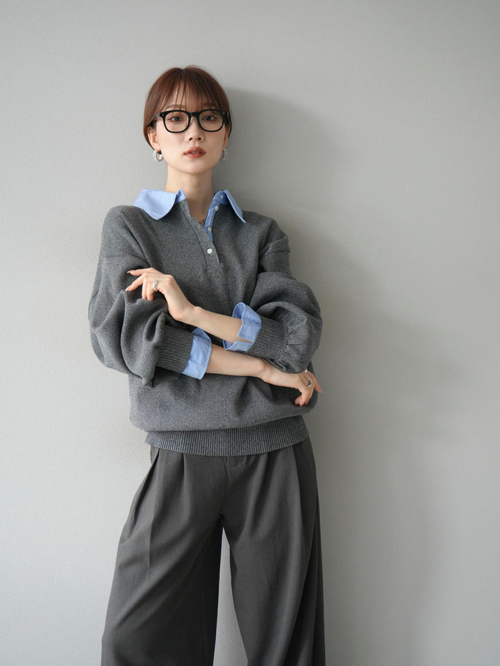 【SET】翻領polo針織套衫+雙褶闊腿褲（2件組）