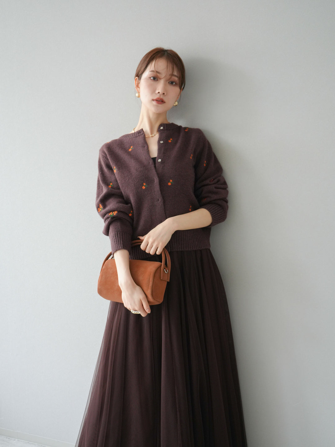 [SET]フラワー刺繍ニットカーディガン+チュールボリュームスカート(2set)