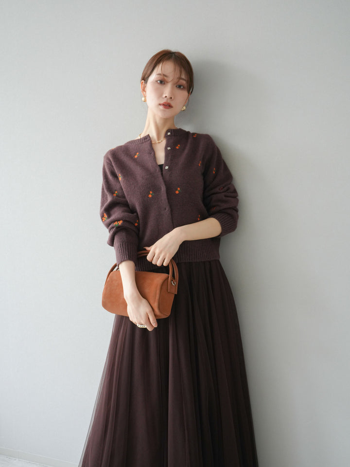 [SET]フラワー刺繍ニットカーディガン+チュールボリュームスカート(2set)