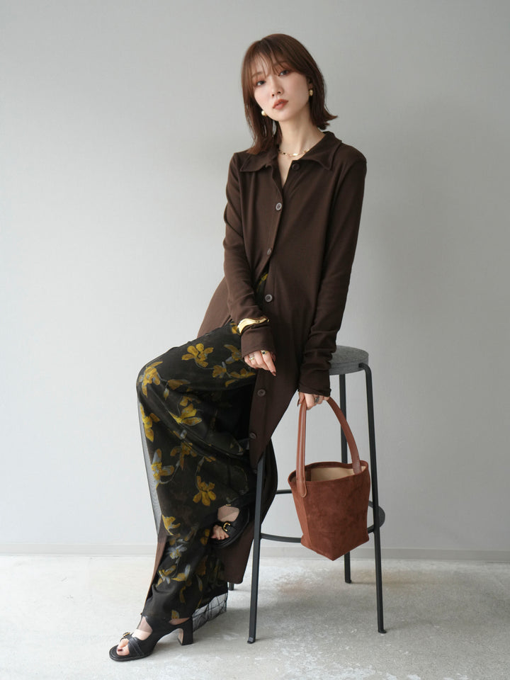 [SET]襟付きカットリブボタンワンピース+フラワープリントチュールレイヤードパンツ(2set)