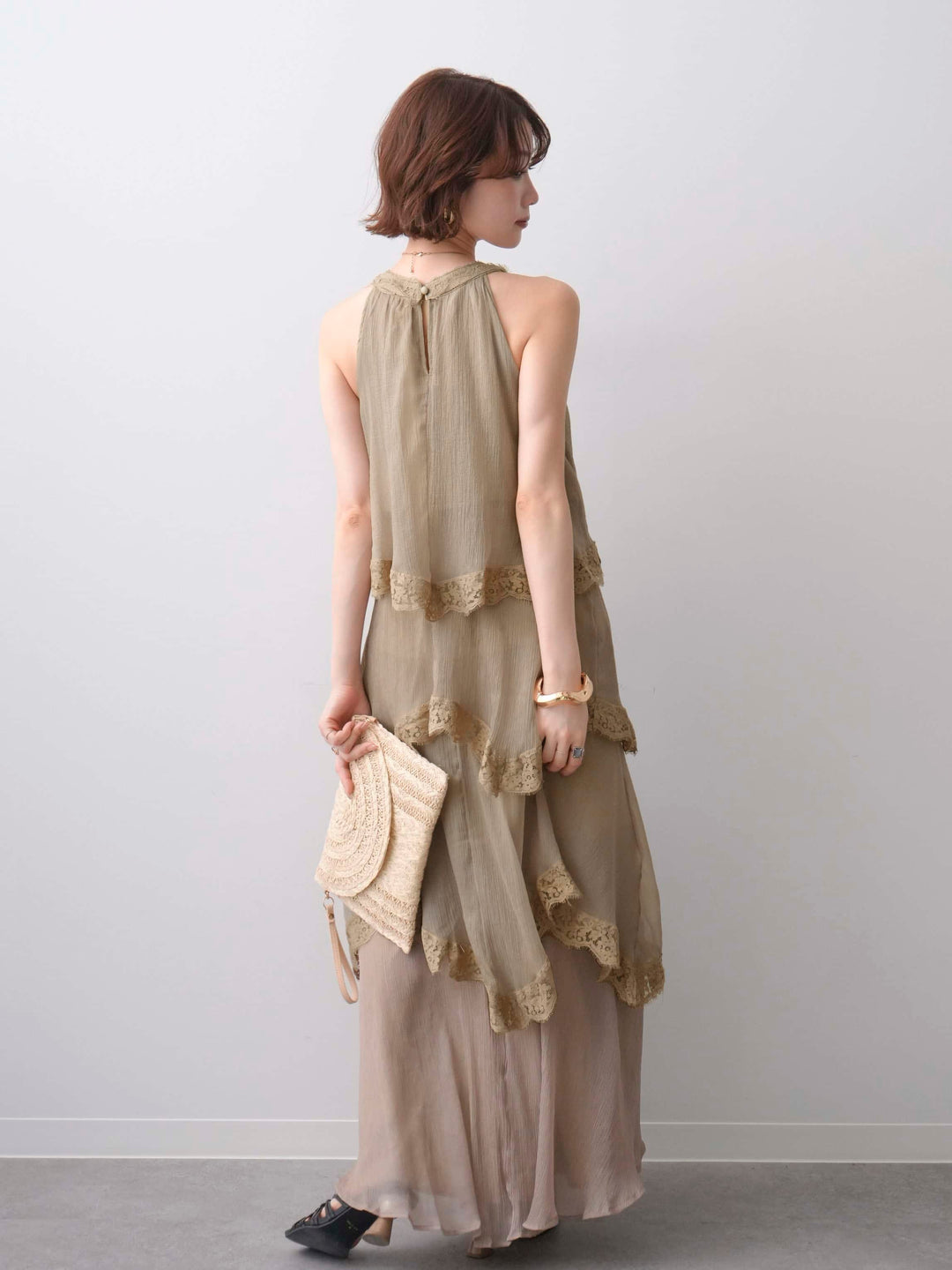 [予約]レースヘムティアードノースリドレス/khaki