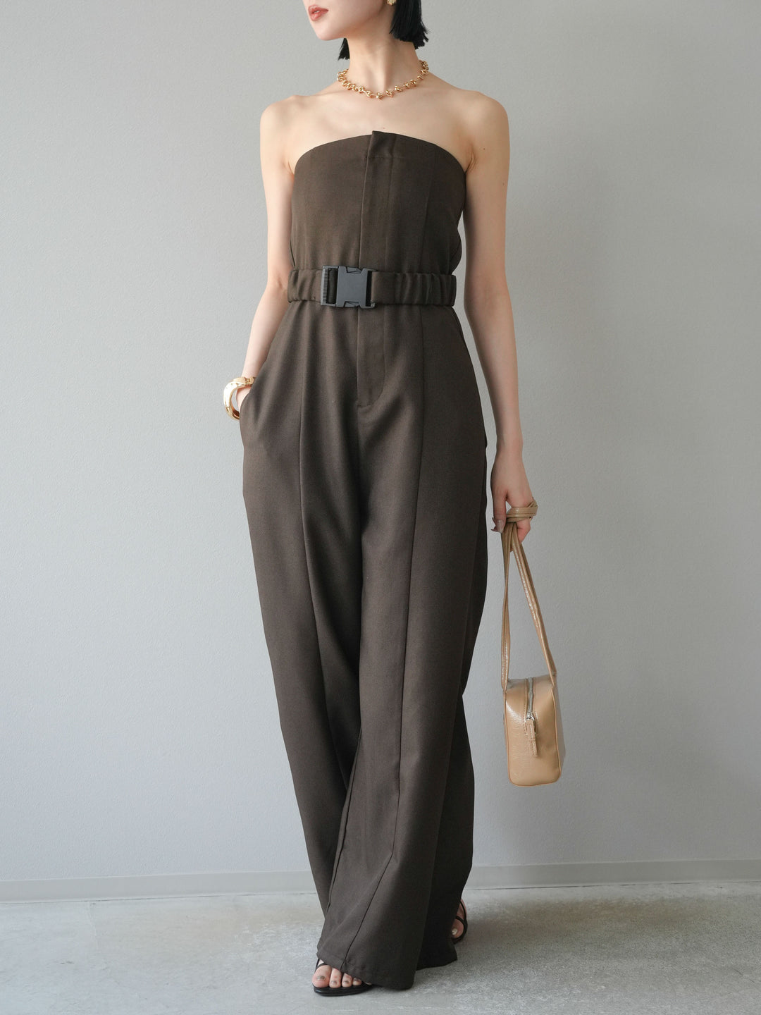 【預購】混色斜紋腰帶熊圖案工裝褲/棕色