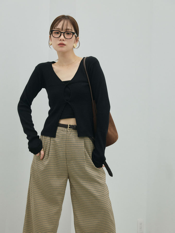 【Allure】[SET]フロントツイストリブニットトップス+チェック柄タックワイドパンツ(2set)