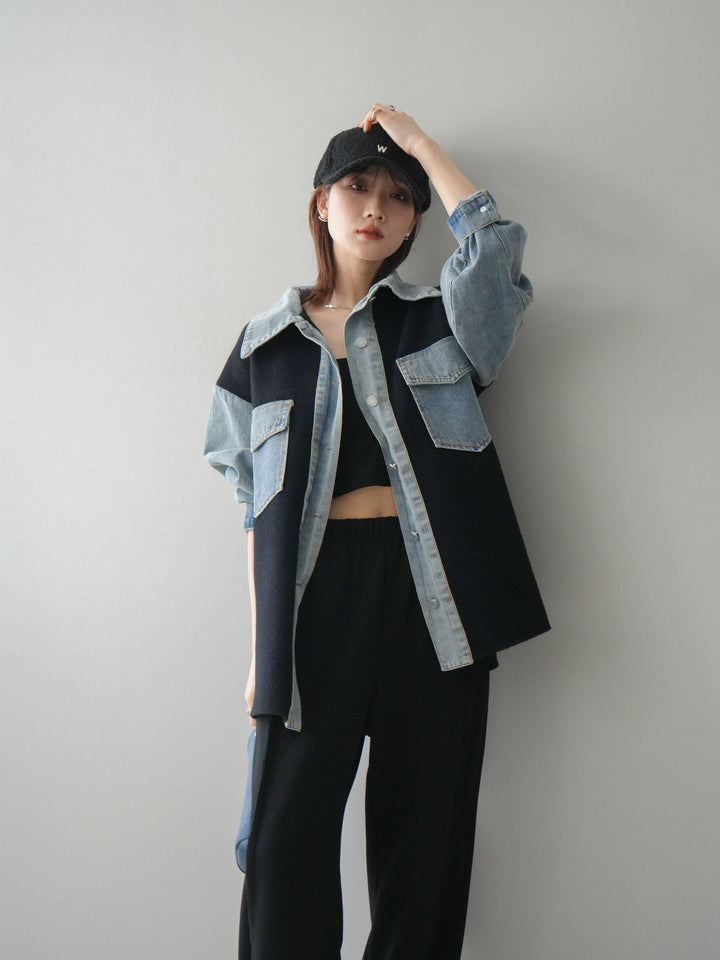 [SET]デニム襟ダブルフェイスニットカーディガン+2WAYデザインスウェットパンツ(2set)