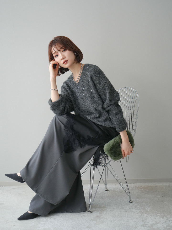 [SET]パール×ビジューVネックニットプルオーバー+アシンメトリーサテンレースキャミソール+テープベルトタックバギーパンツ(3set)