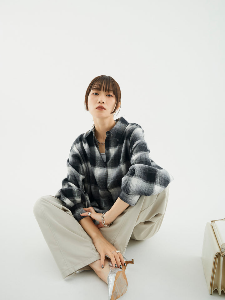 【Allure】[SET]オンブレチェックオーバーシャツ+タフタワイドカーブパンツ(2set)