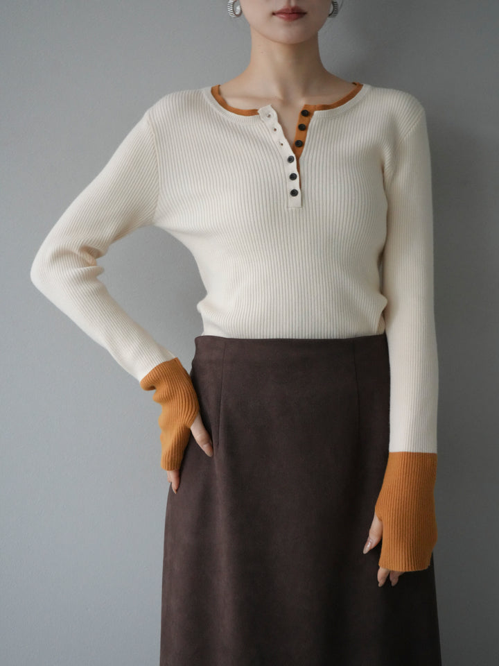 [3]ヘンリーネック配色リブニットトップス/アイボリー