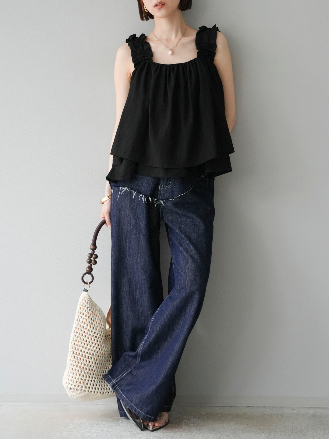 [予約]ギャザーショルダーフレアタンクトップ/ブラック