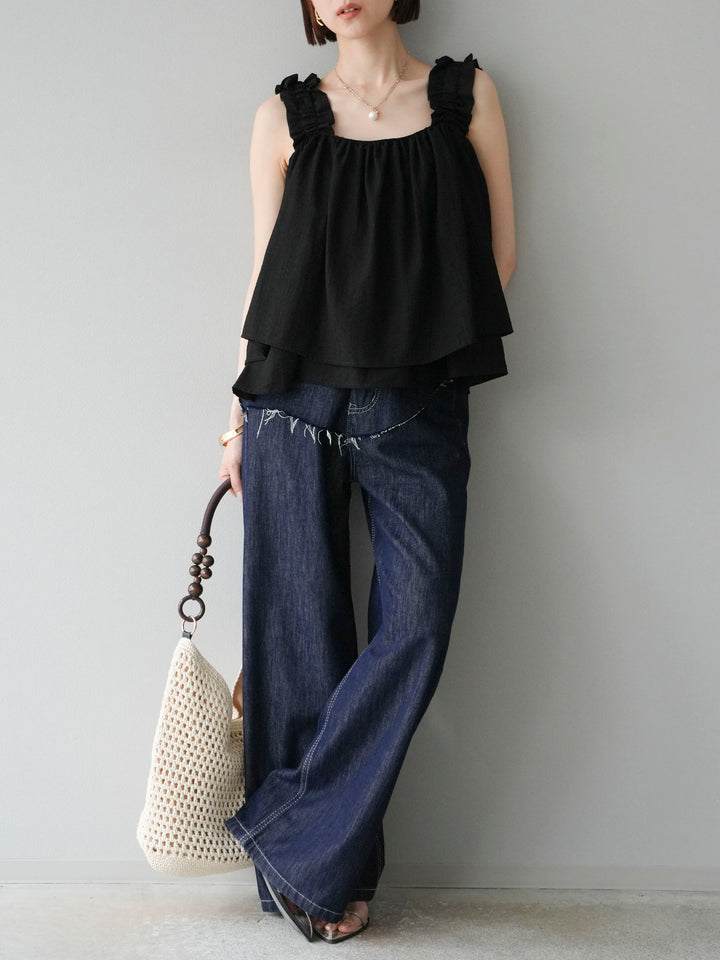 [予約]ギャザーショルダーフレアタンクトップ/ブラック