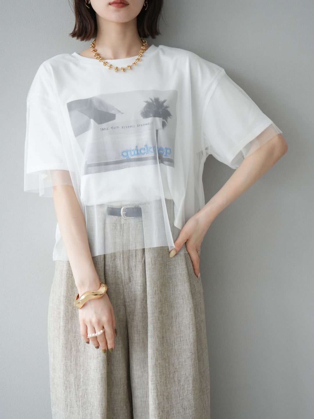 [予約]チュールドッキングフォトTシャツ/オフホワイト×ブルー