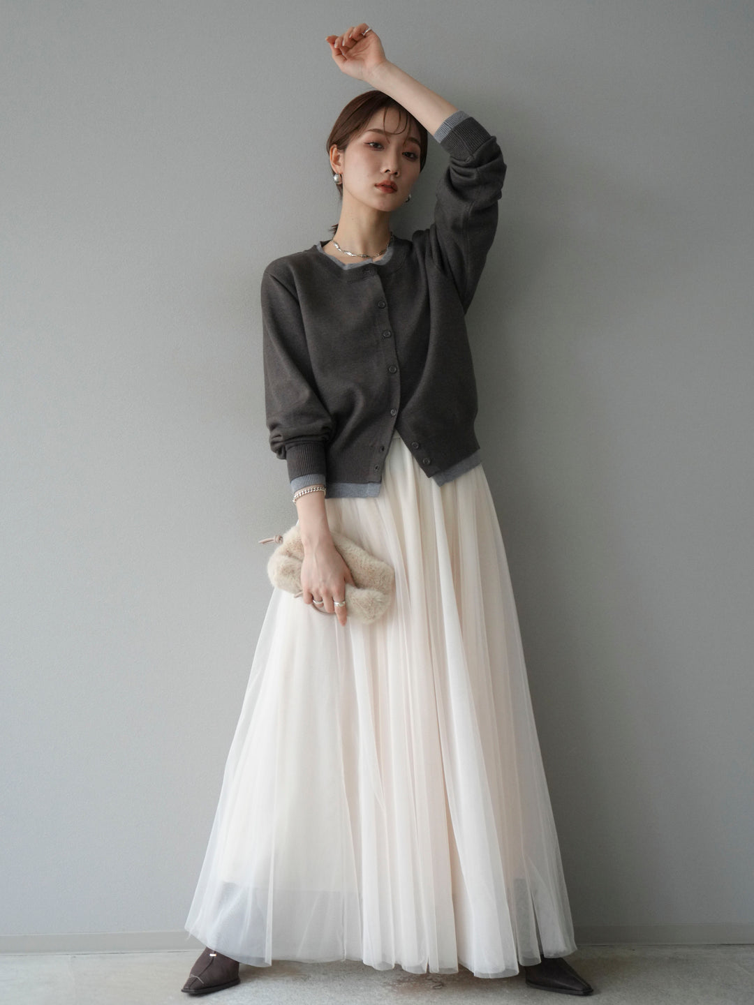 [SET]配色レイヤードカーディガン+チュールボリュームスカート(2set)