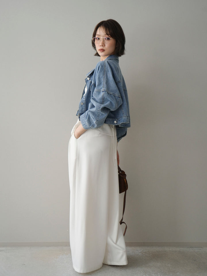 [SET]デニムショートシャツジャケット+ノースリサテンレースキャミソール+編み込みベルト付タックワイドパンツ(3set)