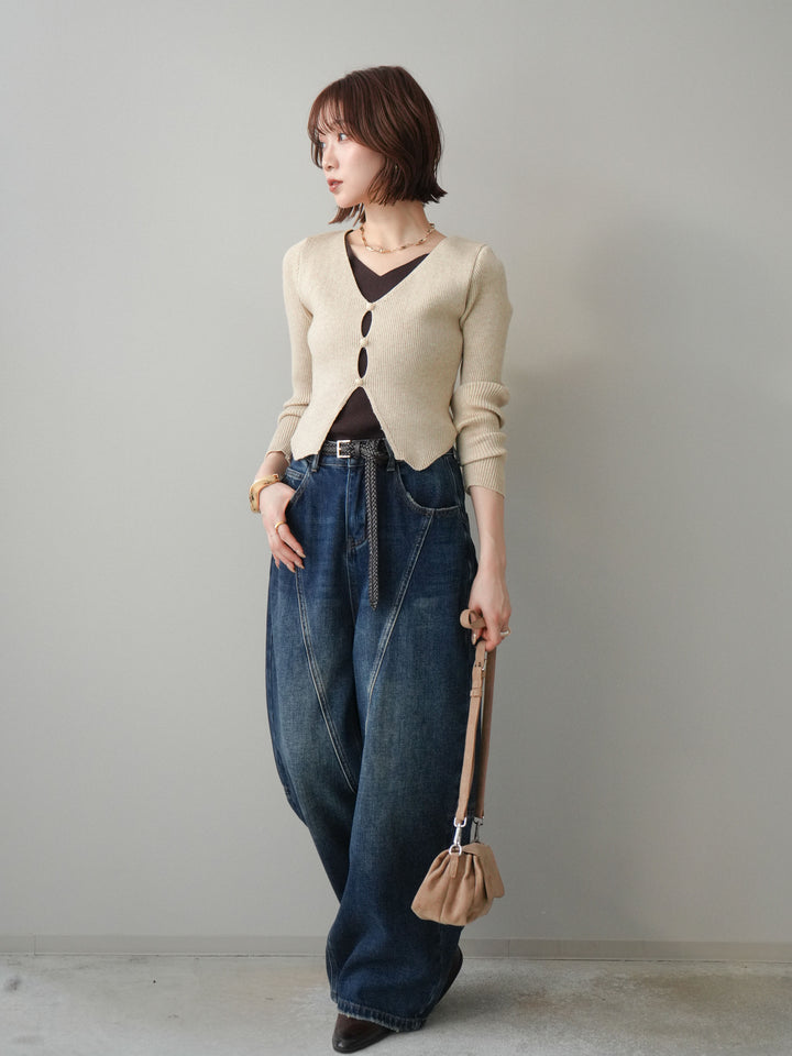 [SET]Vネック配色レイヤードスリットニットトップス+裏起毛加工デニムカーブパンツ(2set)