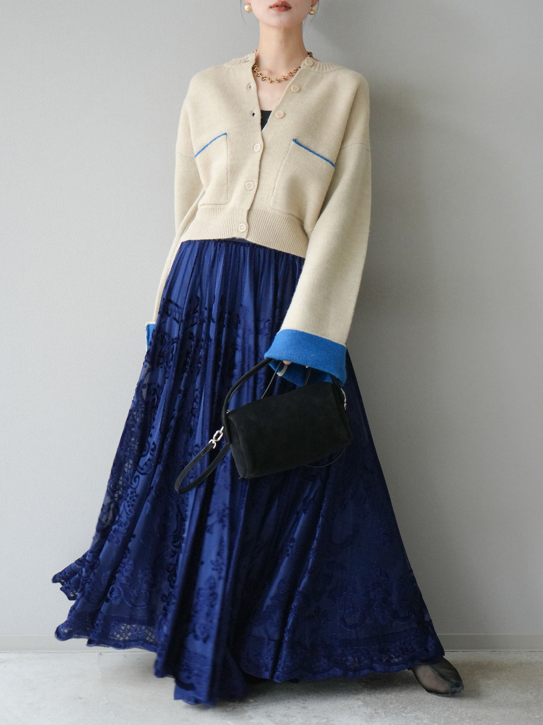 [SET]バイカラーオーバーニットカーディガン+アンティーク柄フロッキーマキシスカート(2set)