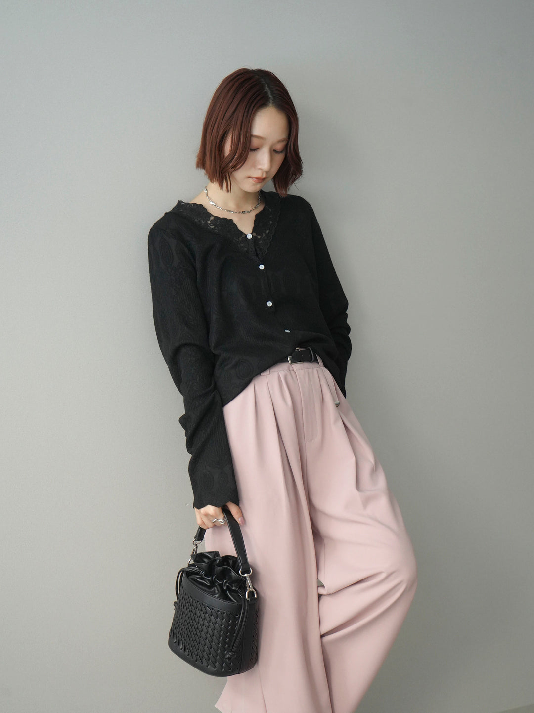 [SET]レースネックジャガードニットカーディガン+ベルト付キーホルダーモチーフワイドパンツ(2set)