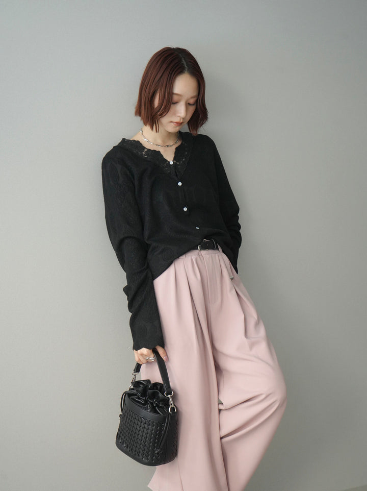 [SET]レースネックジャガードニットカーディガン+ベルト付キーホルダーモチーフワイドパンツ(2set)