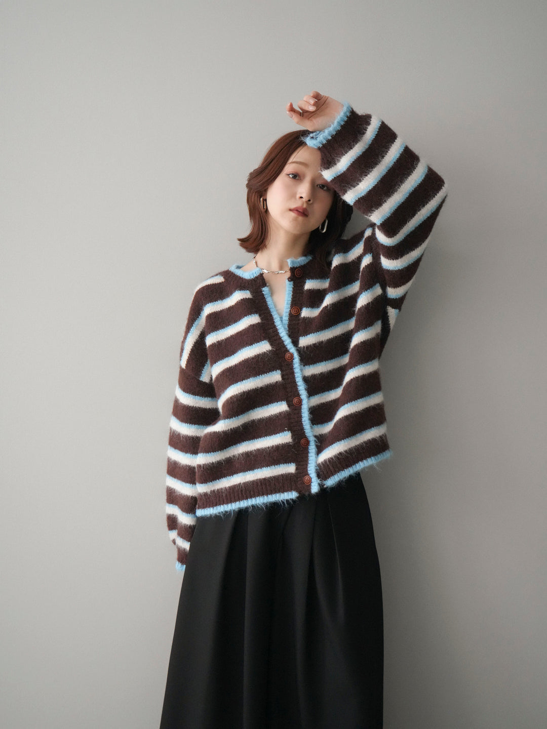 [SET]ウールタッチ配色ボーダーニットカーディガン+テープベルトタックバギーパンツ(2set)