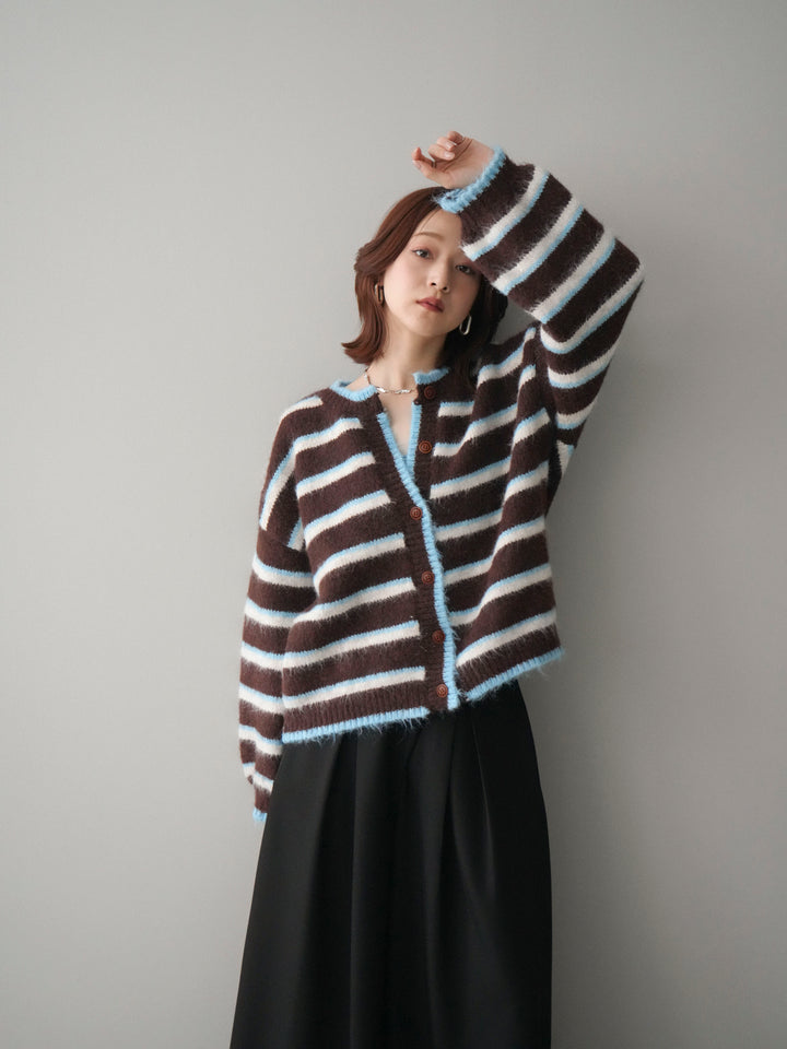 [SET]ウールタッチ配色ボーダーニットカーディガン+テープベルトタックバギーパンツ(2set)