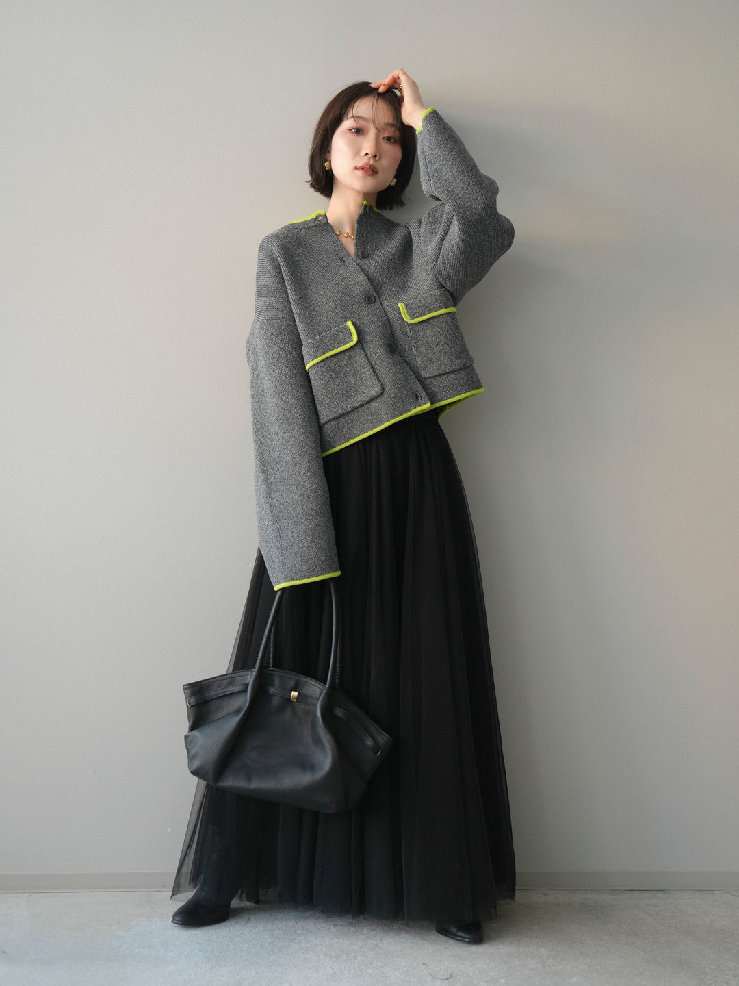 [SET]ポリエステル配色ニットカーディガン+チュールボリュームスカート(2set)