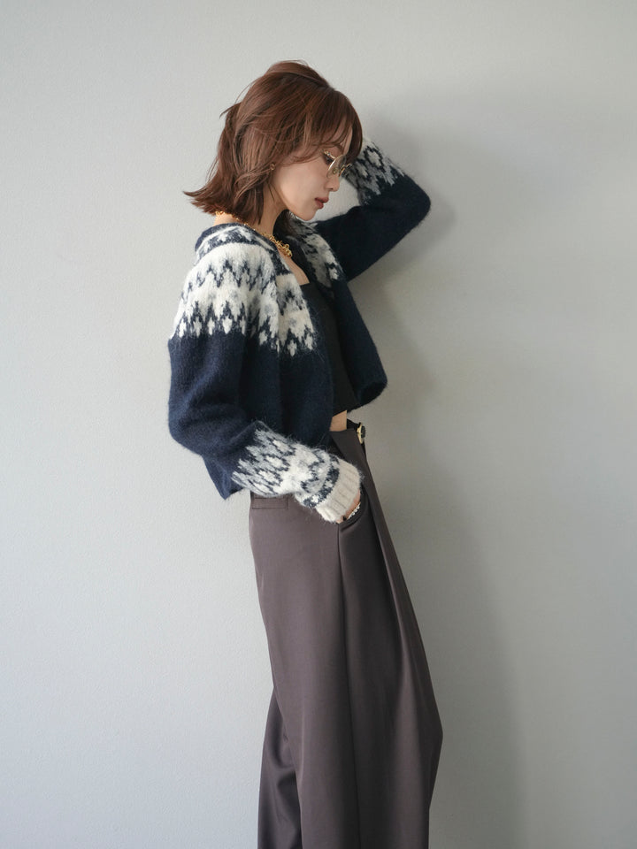 【着回しセット】[SET]求心柄クロップドニットカーディガン+異素材ミックスヤーンニットプルオーバー+ベルトループデザインワイドパンツ(3set)