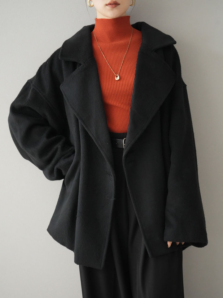 [SET]フェイクビーバーミドルコート+袖ボタンハイネックリブニットトップス+ベルト付ウールタッチワイドパンツL(3set)