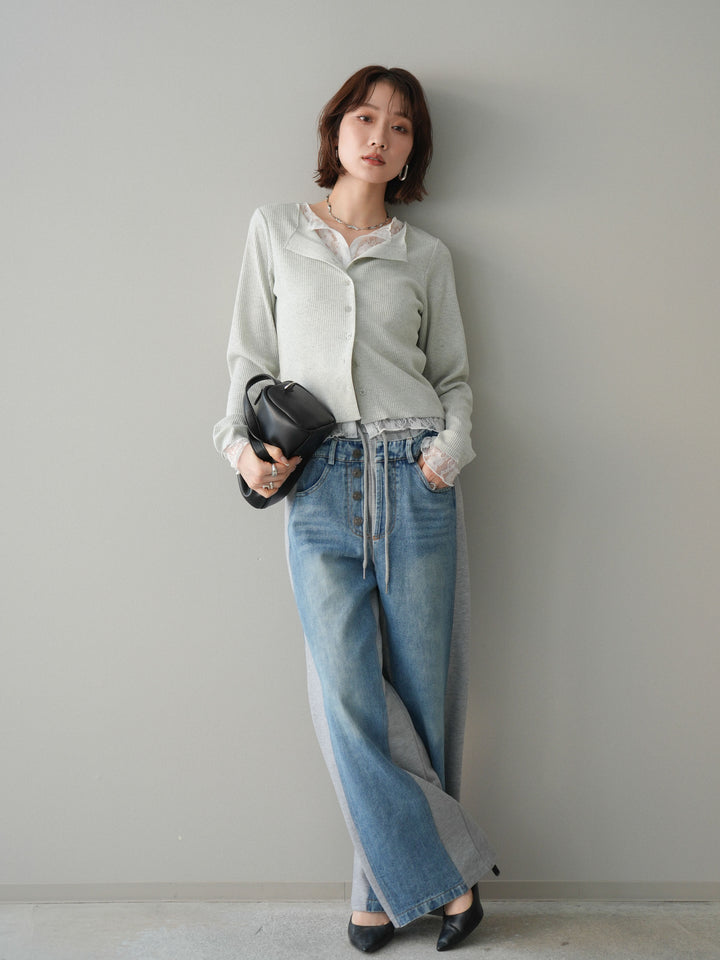 [SET]レースドッキングテレコリブカーディガン+デニム切替スウェットパンツ(2set)