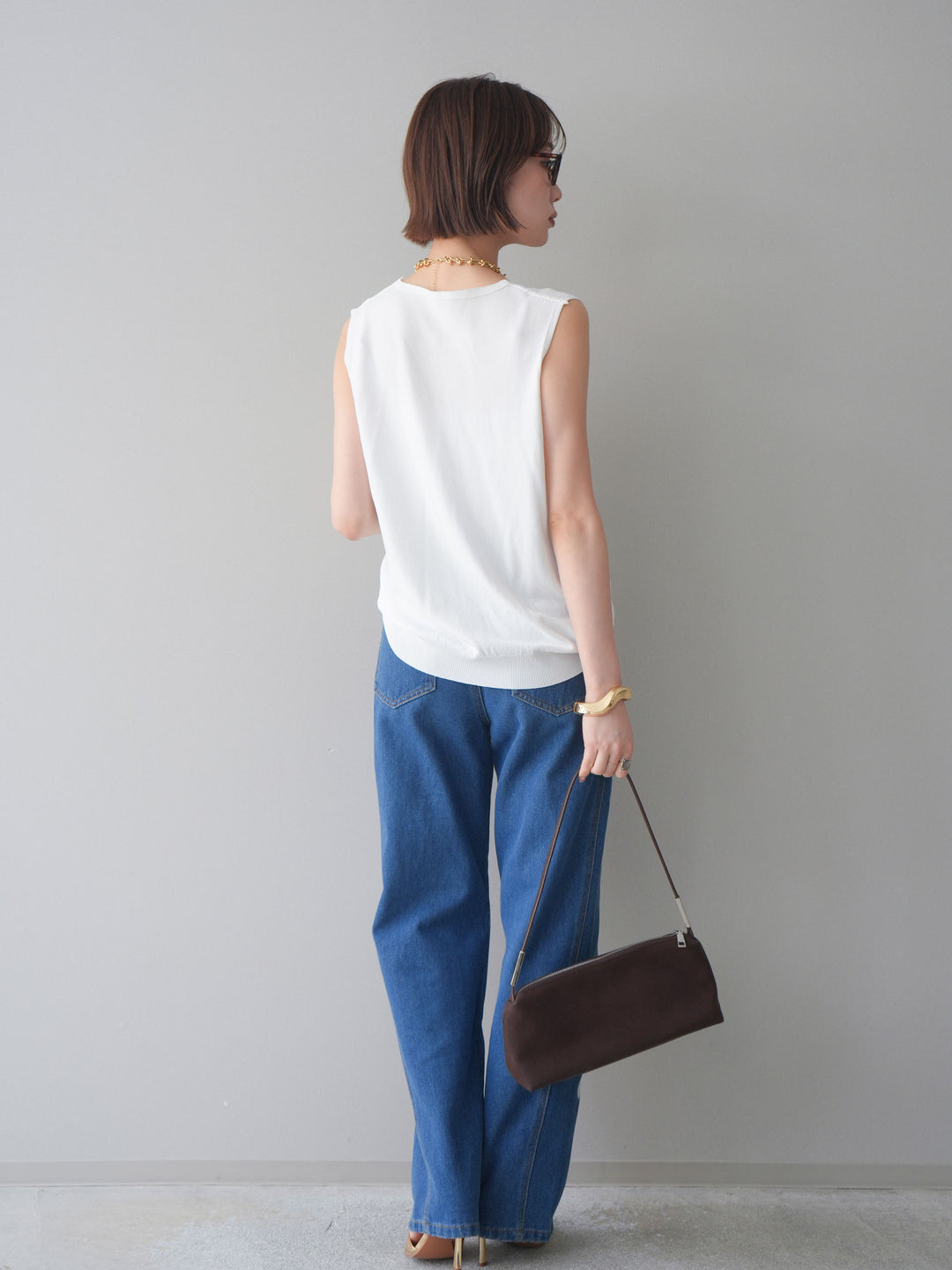 [SET]パールデザインVネックニットトップス+フラワー刺繍ストレートデニム(2set)