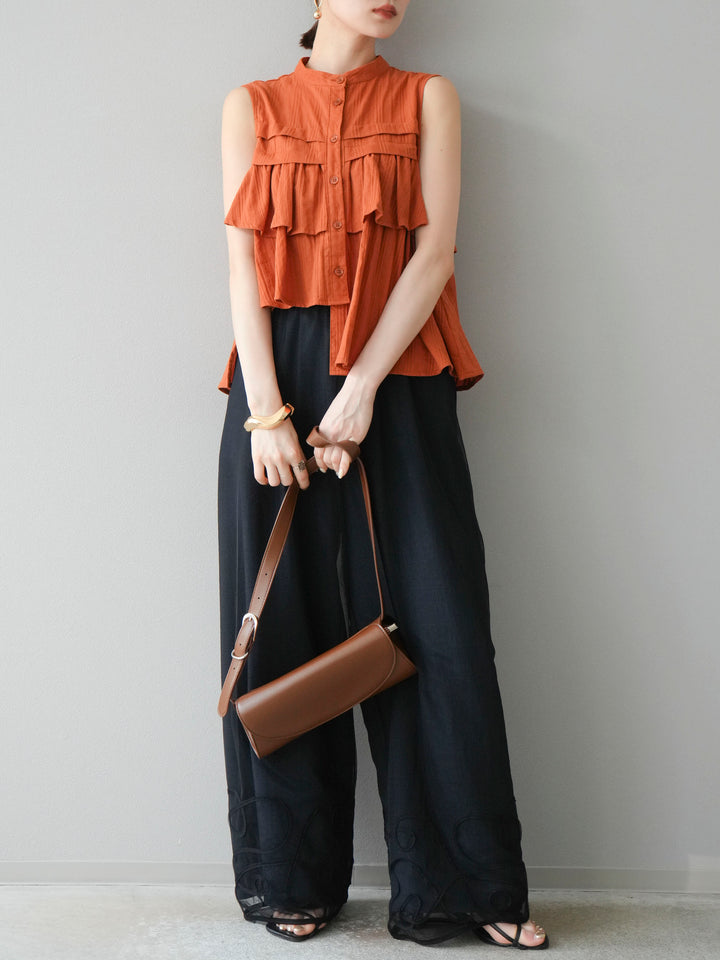 [SET]ドビーストライプアシンメトリーフリルノースリブラウス+コード刺繍チュールレイヤードパンツ(2set)