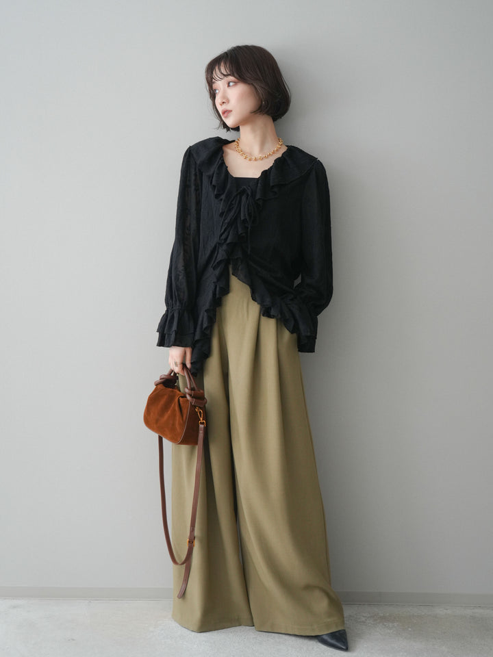 [予約]ラッフルレーススリットブラウス/black