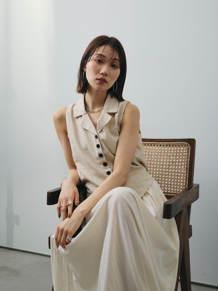 [SET]リネンライクテーラードジレ+ラインストーンプリーツスカート(2set)