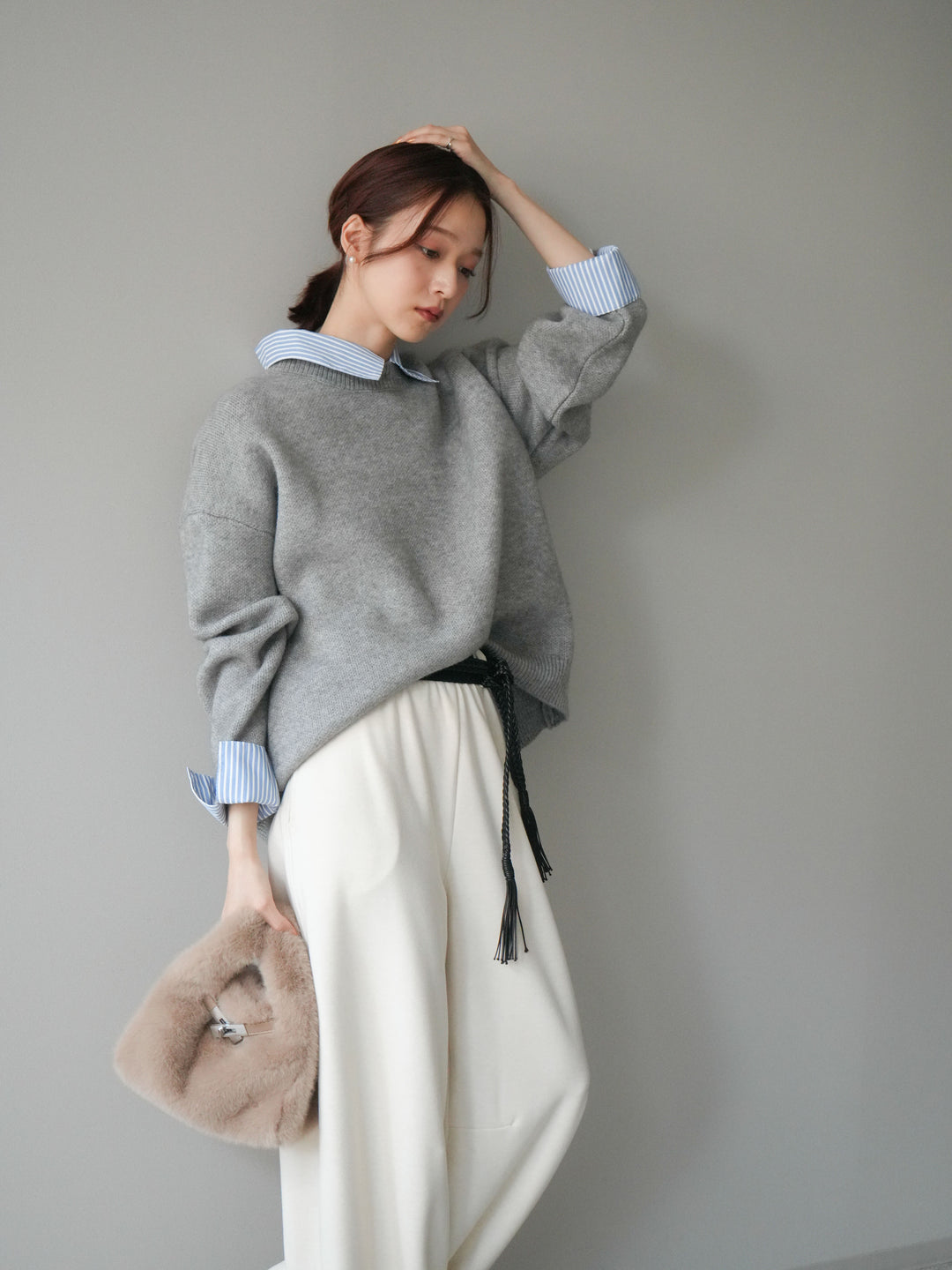 [SET]2WAYストライプ襟ニットプルオーバー+編み込みベルト付きウエスト配色スエットパンツ(2set)