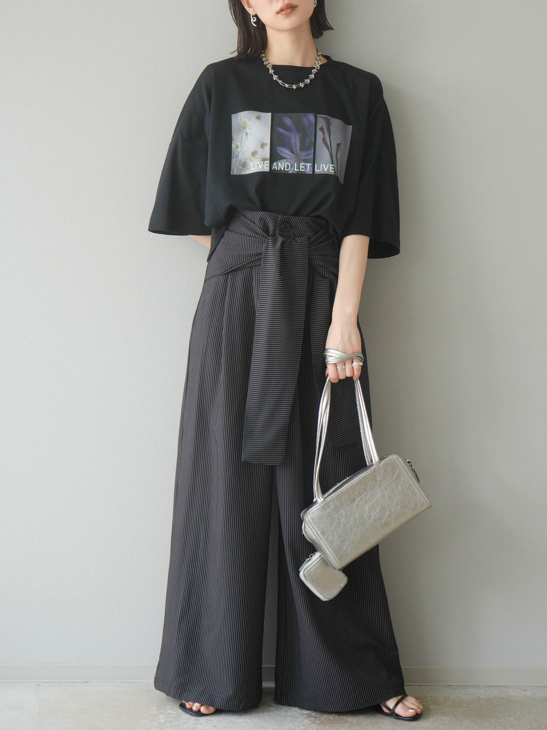 【預購】條紋裹腰闊腿褲/黑色