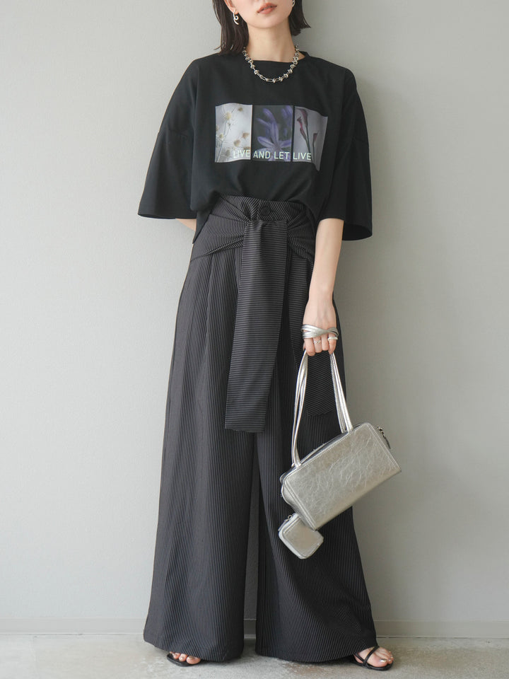 【預購】條紋裹腰闊腿褲/黑色