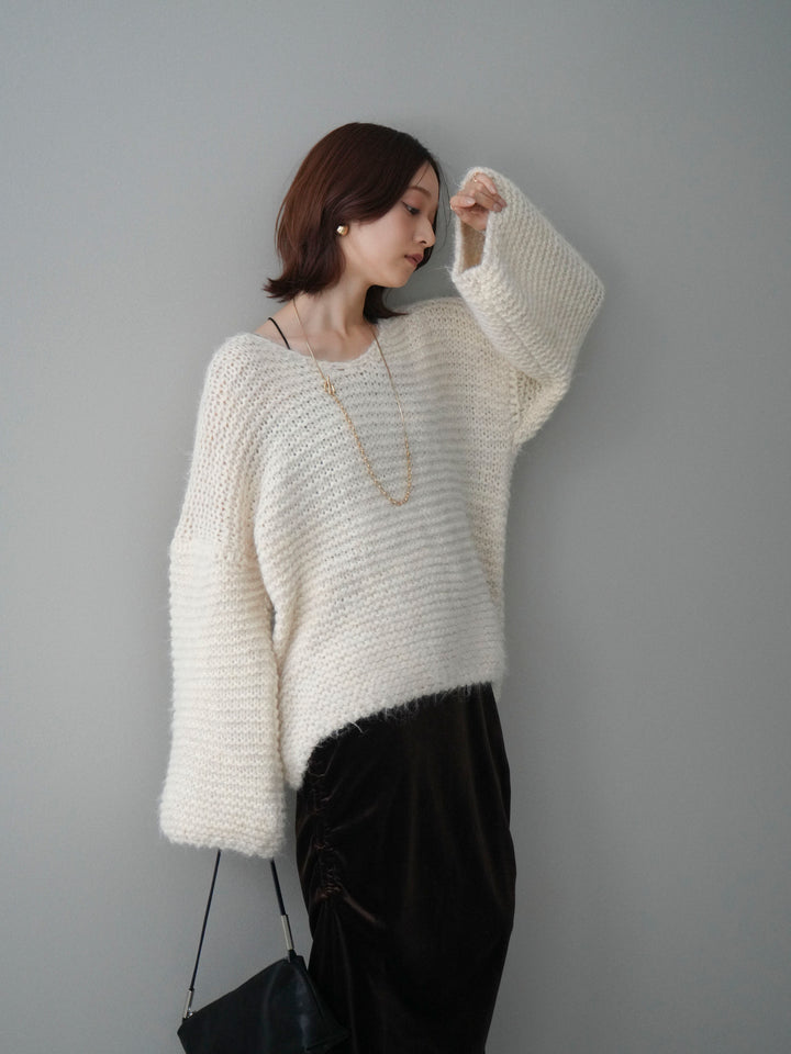 [SET]ワッフル編みシャギーニットプルオーバー+ギャザーベロアスカート(2set)