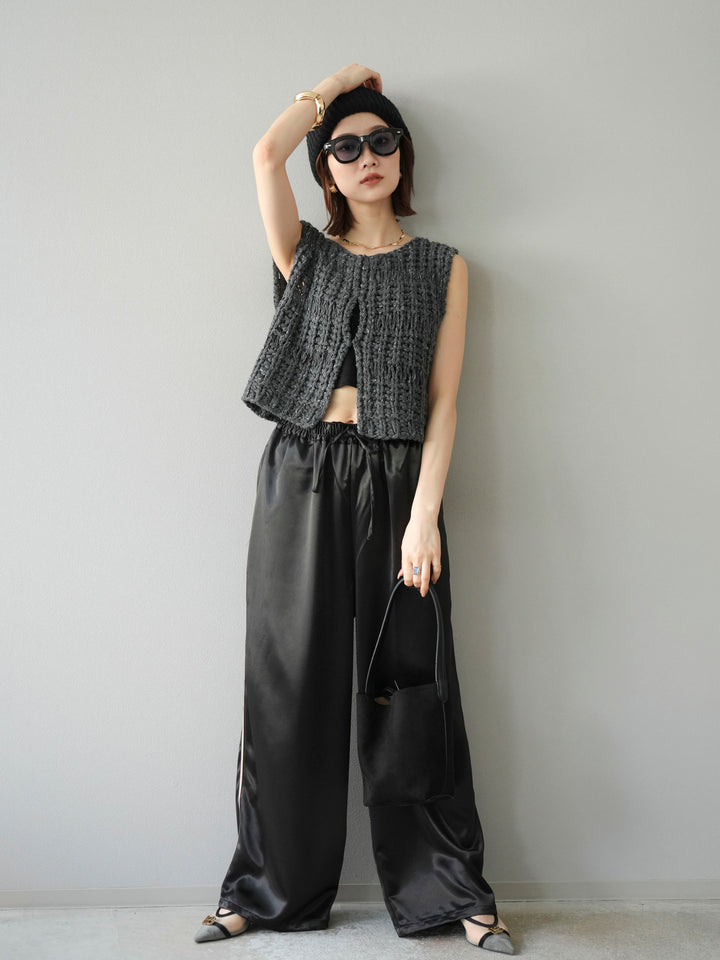 [予約]サテンラインワイドパンツ/ブラック