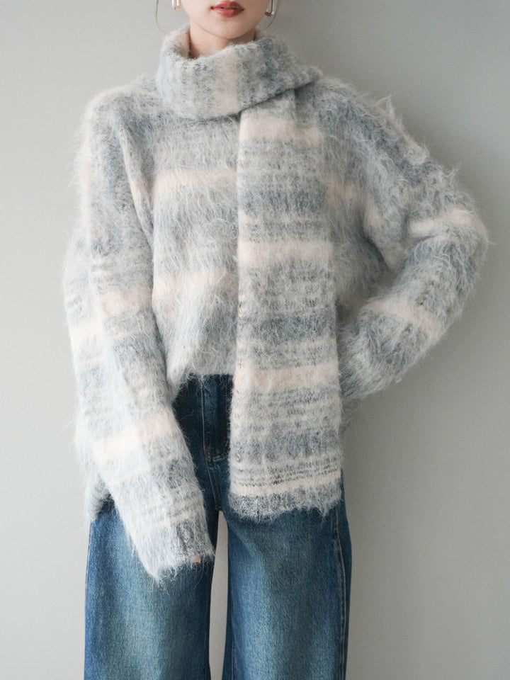 [予約]ストール付シャギーマルチボーダーニットプルオーバー/gray