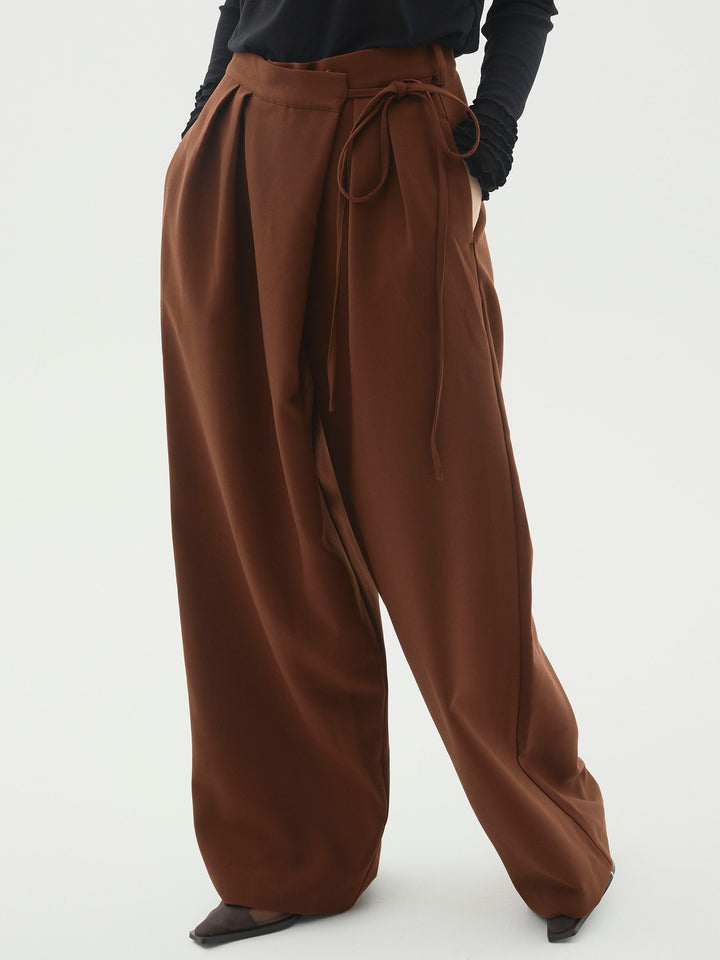 [予約]ラップデザインタックワイドパンツ/ブラウン