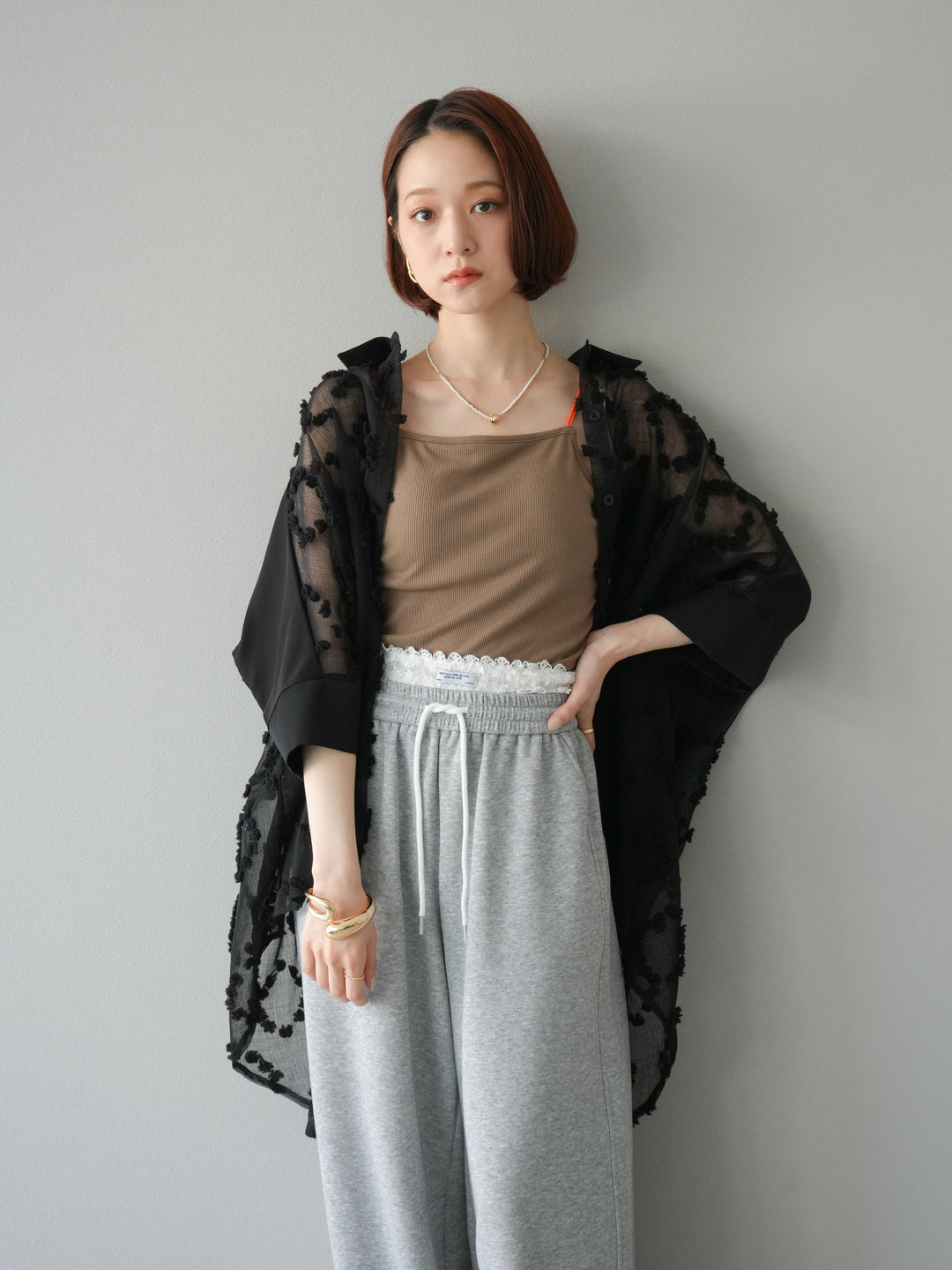 [預購] 混合材質透視半身襯衫/黑色