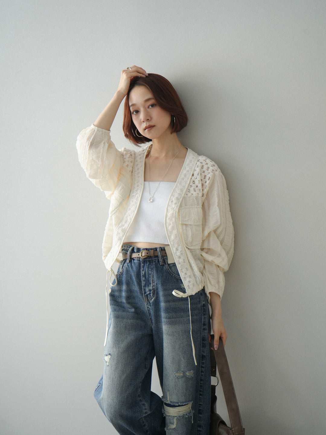 [SET]パッチワークシアーフリルブルゾン+カップ付テレコリブベアキャミソール+ダメージデニムセミワイドパンツ(3set)