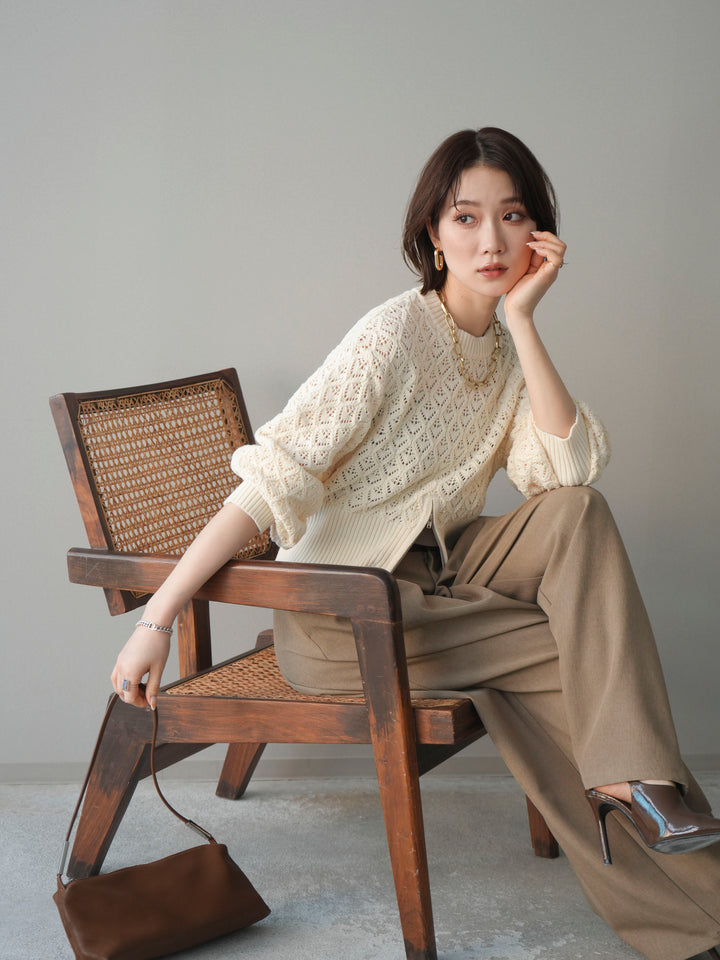 [予約]透かし編みフロントジップスリットニットプルオーバー/ivory