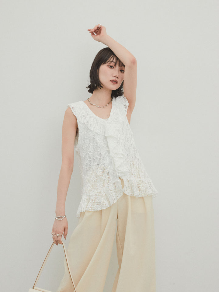 [SET]テープヤーンラッフルノースリトップス+リネンタッチタックワイドパンツ (2set)