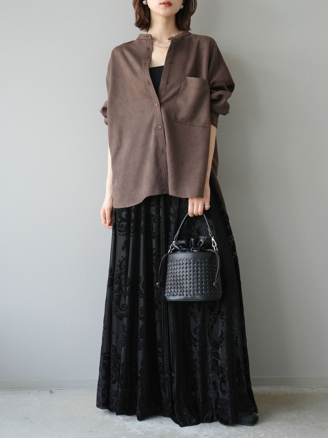 [予約]スエードバンドカラーオーバーシャツ/ダークブラウン