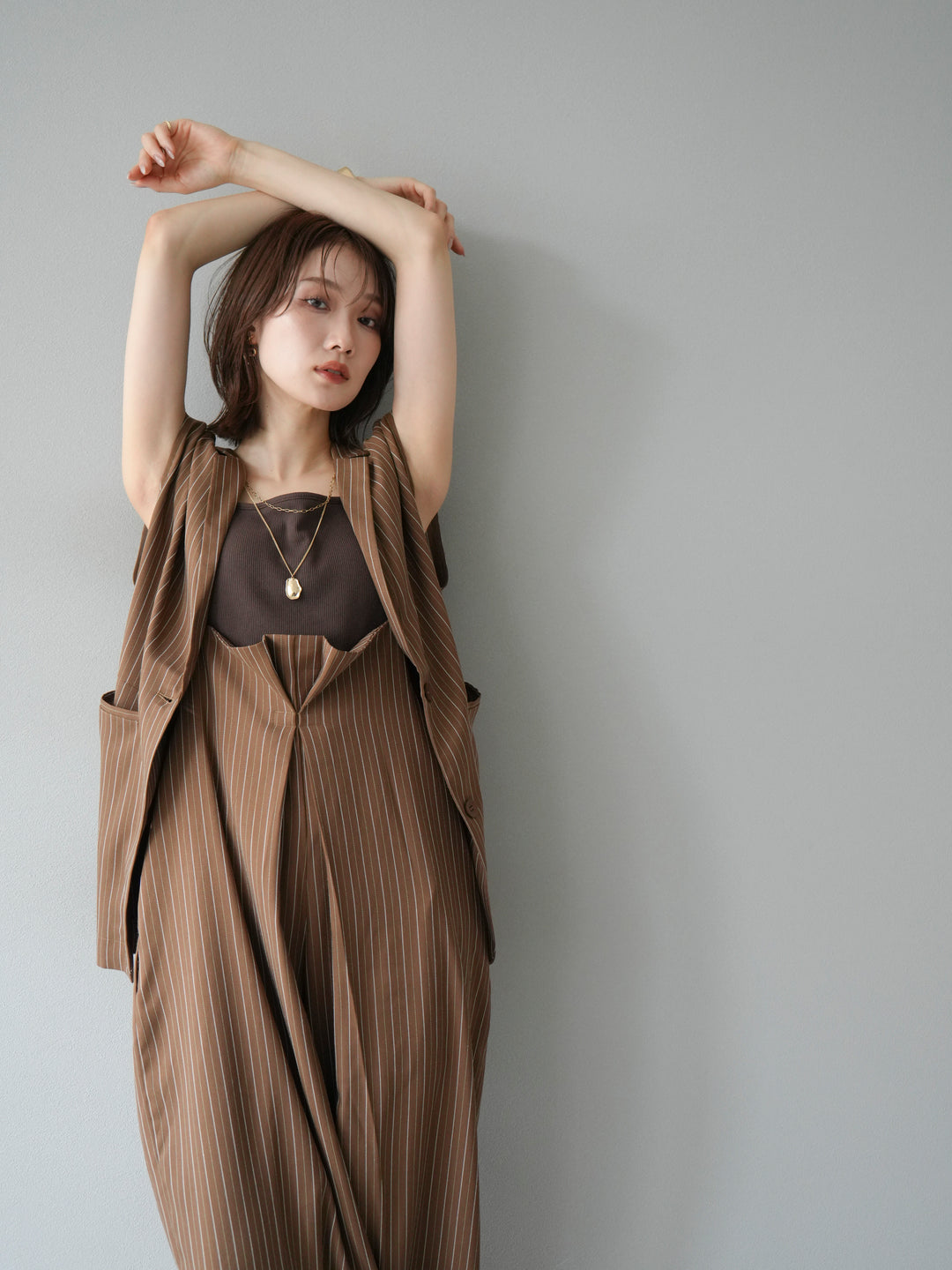 [SET]ヘリンボーンストライプジレ+ヘリンボーンストライプサロペット(2set)