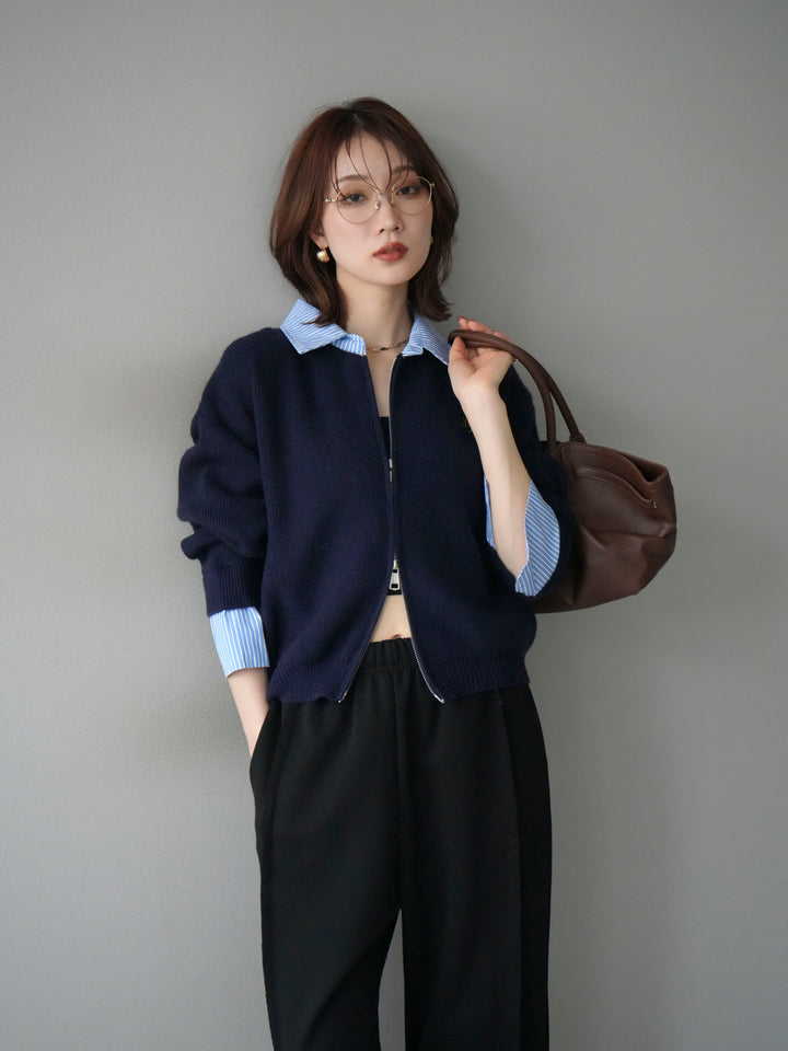 [予約]ストライプシャツレイヤードZIPニットカーディガン/navy
