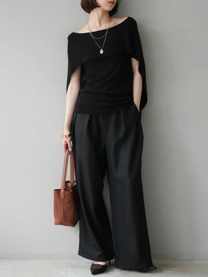 [予約]レザーパイピングタックワイドパンツ/ブラック